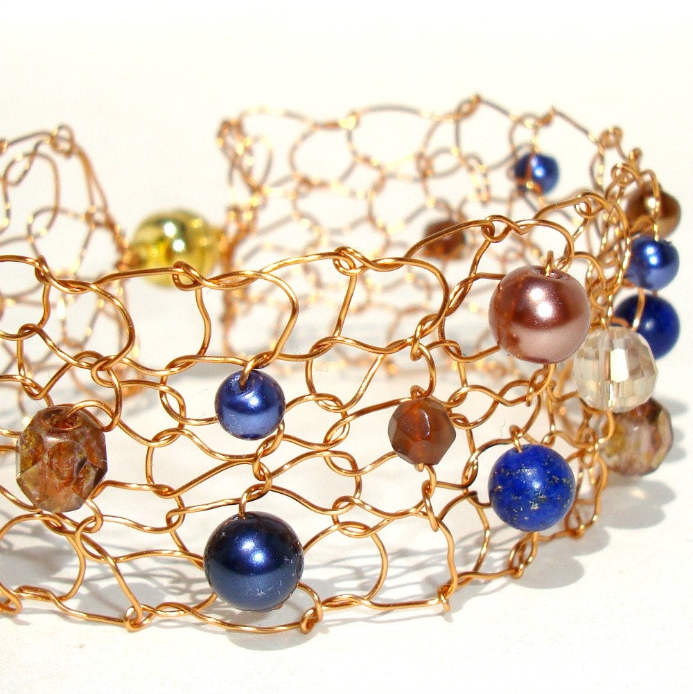 Lapis Gold Bronze Cuff Bracelet Fall 2013 Wire Knit OOAK Jewelry