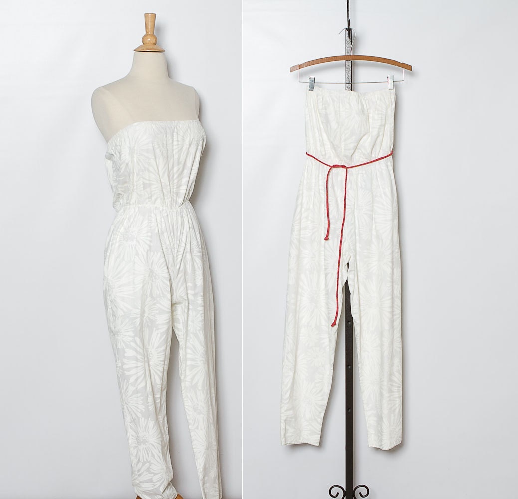 vintage 1970s white floral jumpsuit / strapless