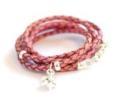 Pink Leather Wrap Bracelet with sterling silver flower star charm