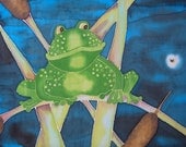 Frog and Cattails Hand Painted Quilt Block Fabric Panel