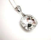 Bridal wedding jewelry bridesmaid gift prom party Swarovski clear white vintage square estate  crystal rhinestone sterling silver necklace
