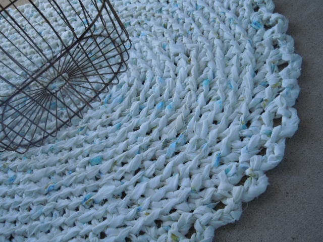 Rag Rug Shabby Chic Blue Rose Petals Crochet Handmade Oval Scalloped Edge Romantic Home Decor by AMarigoldLife