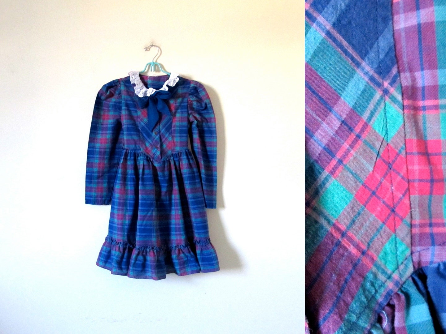 vintage 1980s Dress // Children Girl // Blue Plaid // Jewel Tone // Eyelet Ruffle Collar // Bow