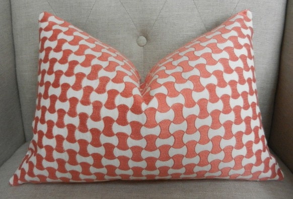 Decorative Designer Pillow Cover - 12"X18" - Schumacher Nolita Embroidery in Coral