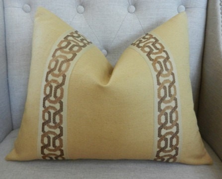 Decorative Designer pillow cover - 14"X18" - Solid heavy weight linen in camel with attached greek key trim
