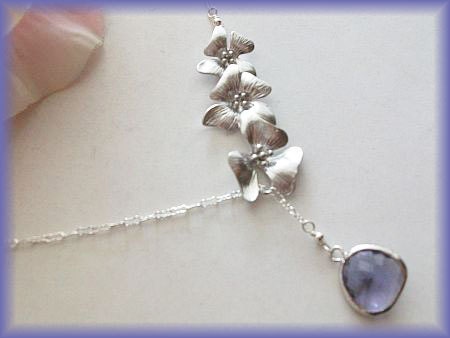 Silver Lariat Triple Orchid Necklace with Oillite Glass Quartz, Mothers day, Birthday gift, Wedding