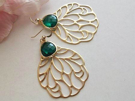 Emerald Green Gold framed Glass Quartz with Buterfly wing Earrings 14k Gold filled Gold Plated ,Wedding, Bridal, Birthday gift