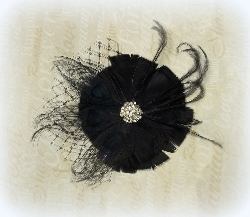 Black bridal fascinator, hair clip black peacock feathers french net rhinestone jewel - wedding accessory