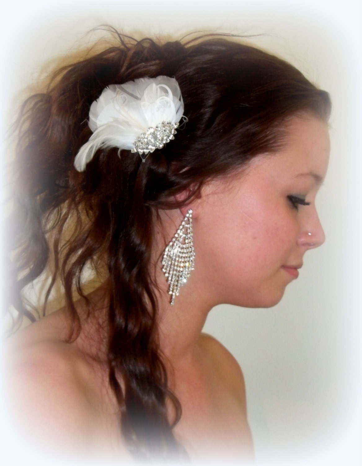 Bridal Fascinator feathers rhinestone jewel - feathered fascinator bridal hair clip, bridal wedding special occasion