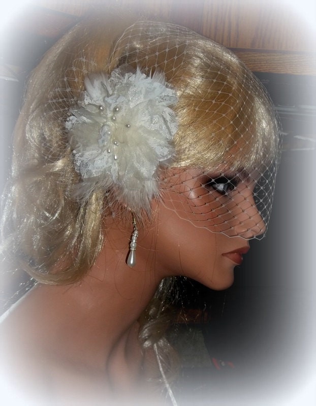 Bridal Veil and Chiffon Lace Tulle Flower Bridal Fascinator,Pearl Stamens, Hair Clip, Bridal Wedding,