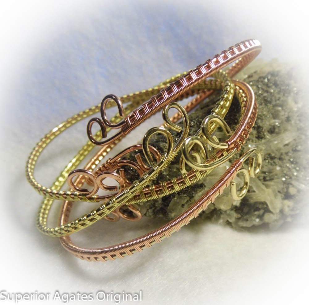 Brass Copper Wire Wrapped Bangle Bracelet Set Cuff Wrap Around