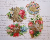 antique victorian scrap - 4 pieces - embossed with foiled accents - circa early 1900s - bird, quiver, palette, armor