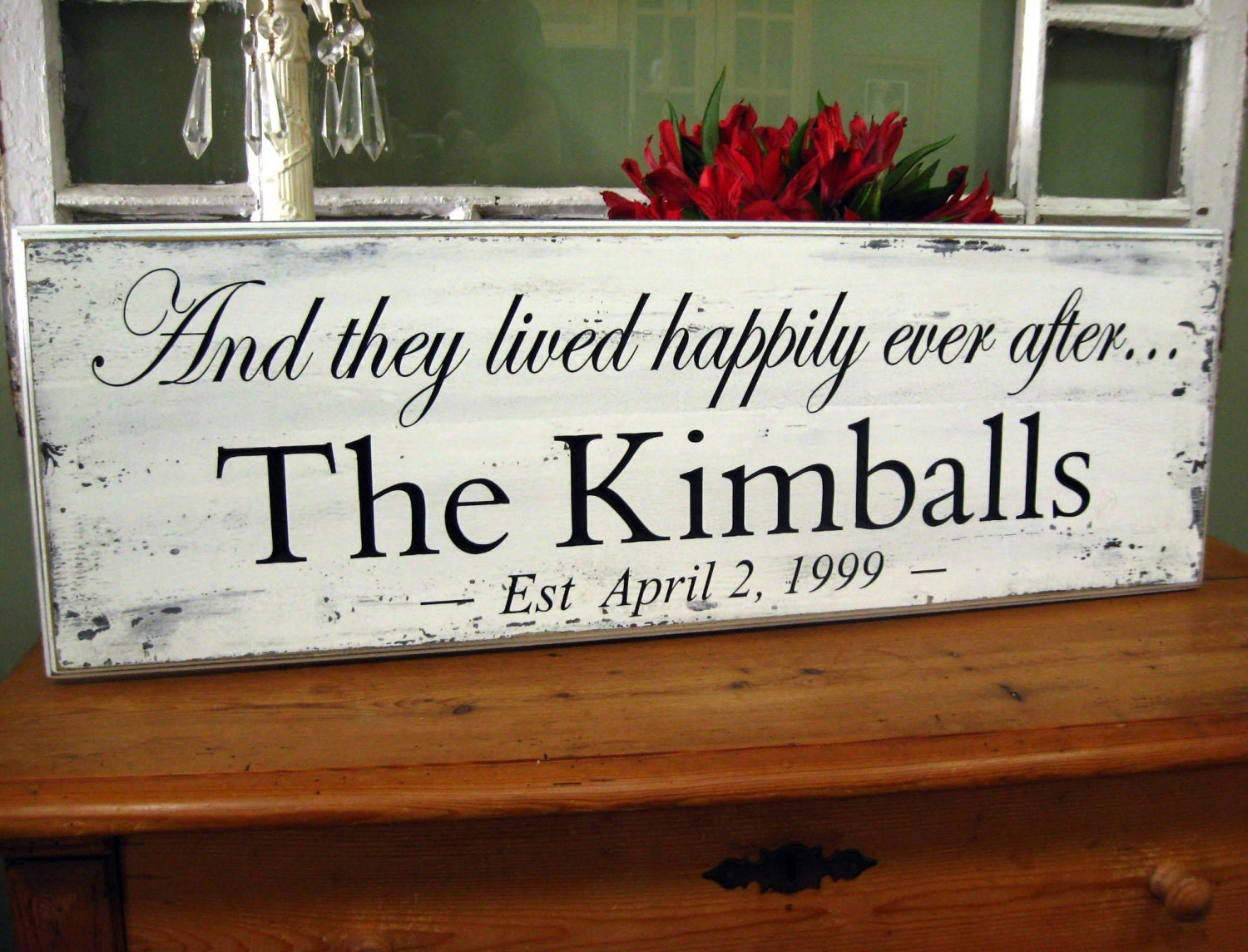 And They Lived Happily ever After  SHABBY CARVED  Personalized Family Name Signs..10 x 30