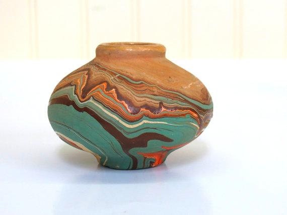 Nemadji Pottery Small Vase Turquoise Orange Home Decor