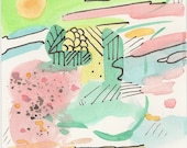 Rainbow Farmland (Whimsical - Abstract) - 11 x 17 inches - Print of a watercolor painting and ink drawing by Stacey A Fleming