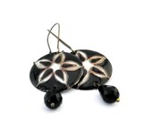 Enamel earrings -  Black&White - copper - gemstones - flower - cloisonne