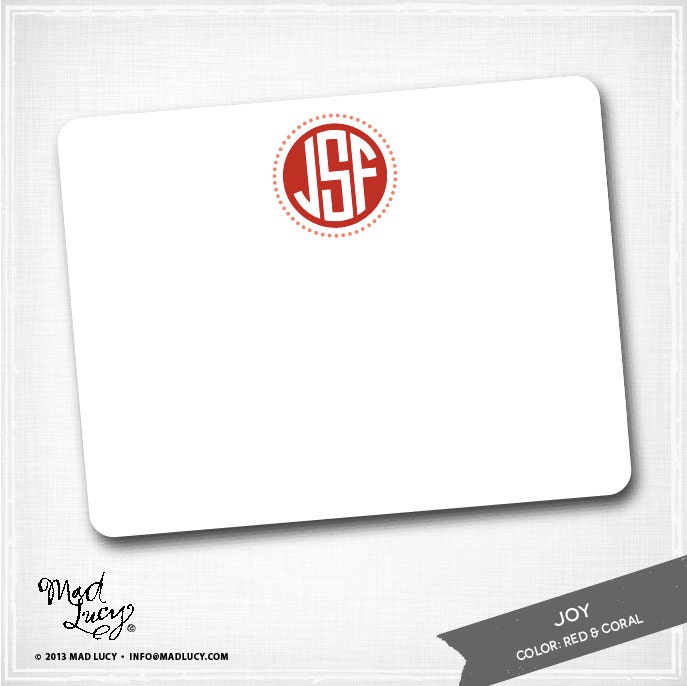 JOY - personalized flat notecard set / circle monogram / 10 notecards & 10 envelopes