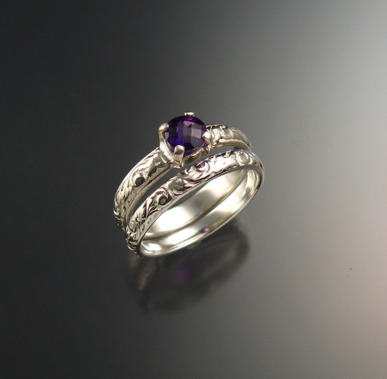 Natural Amethyst Wedding ring set 14k White Gold made to order in your size