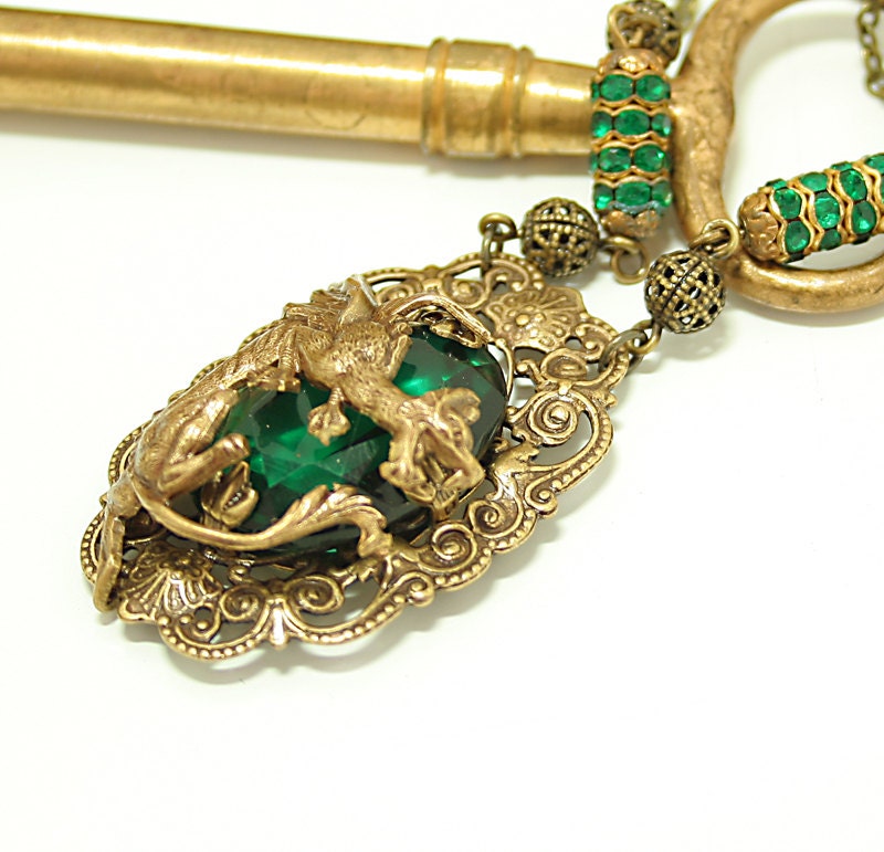 Gothic Necklace Dragon Necklace Victorian Gothic Pendant Emerald Necklace Brass Fantasy