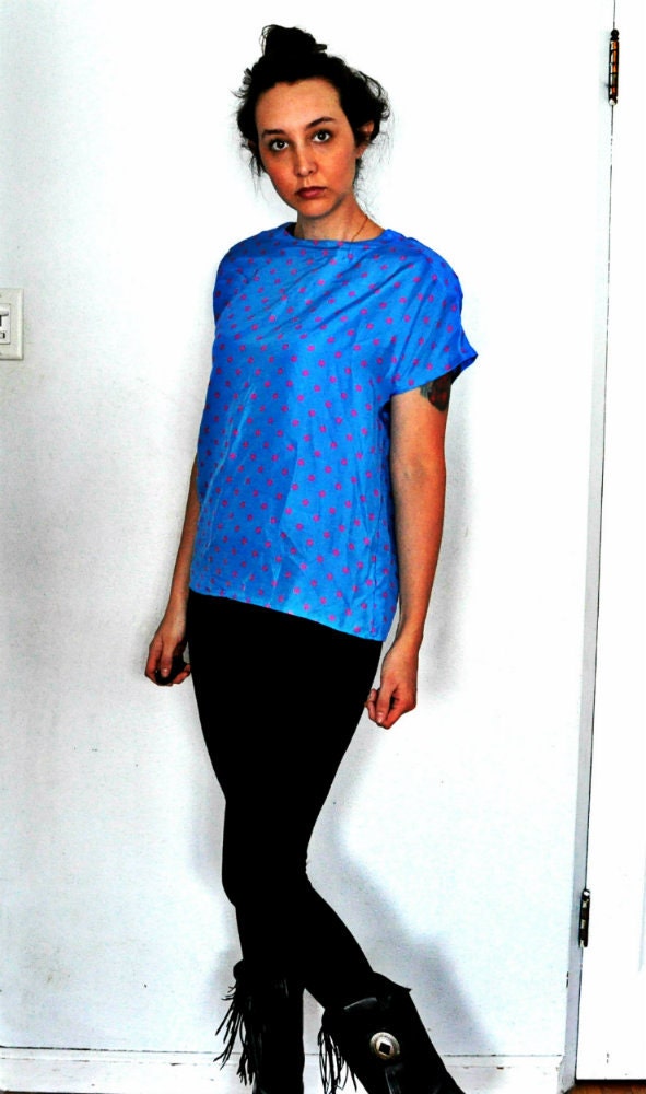 1980s Fun Silk Bright Blue and Purple Polka dot Top