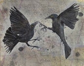 Original Drawing - Grackles fighting - Austin Tx  - Map Drawing - Mixed Media with poem - Made to Order