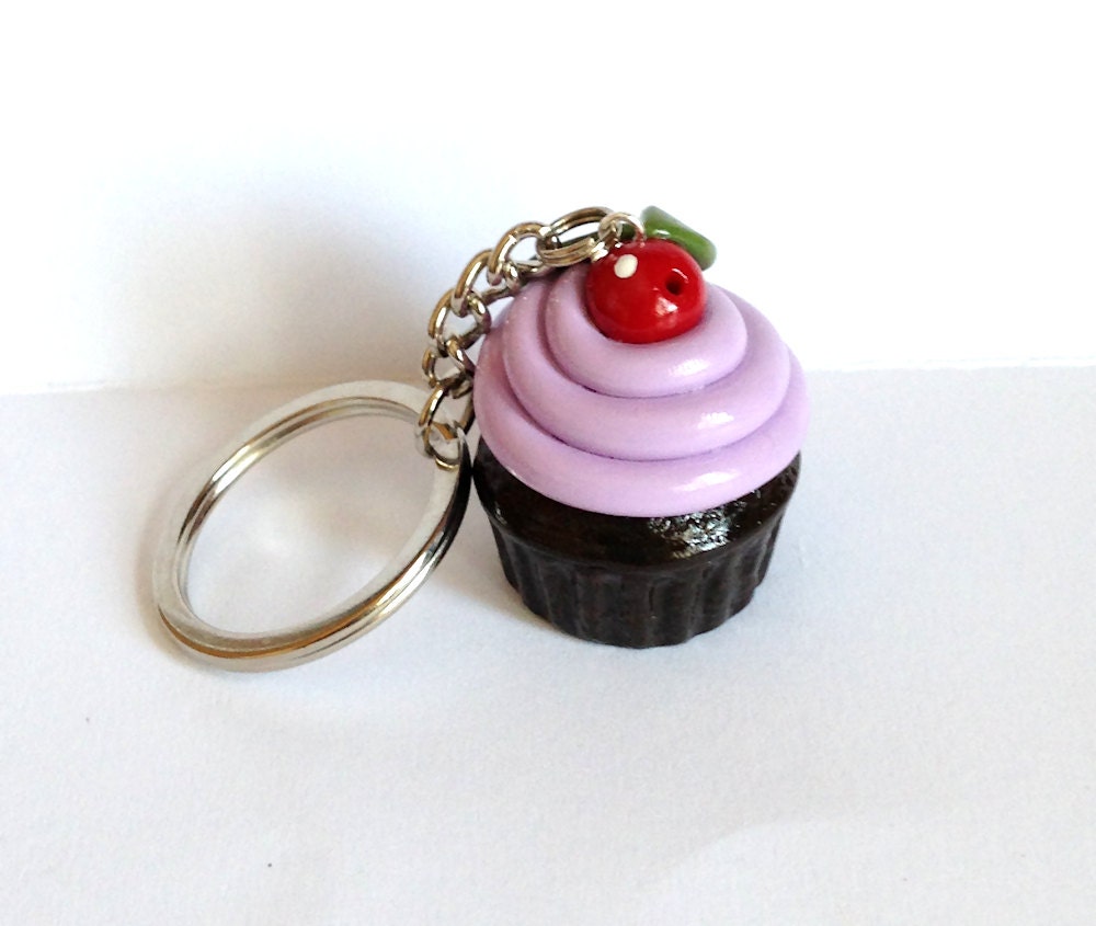French Lavender Cream Chocolate Cupcake Keychain Key Chain Cherry on Top Key Fob
