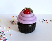 French Lavender Cream Chocolate Cupcake Charm Pendant Fairy Cake Cherry on Top