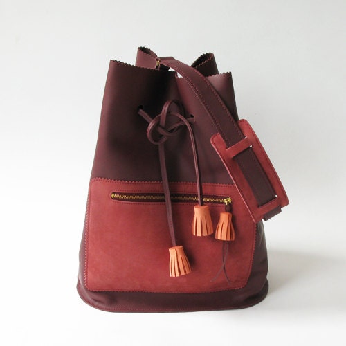 Zig Zag leather bag, Burgundy red, tassels, leather bag, tote bag, shoulder bag, suede