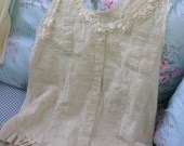 Natural Linen Raw Edge Top with Vintage Lace Cut Work and Trim