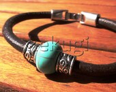 women brown leather bracelet with silver floral beads and turquoise spacer