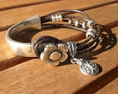 women brown leather bracelet sterling silver plated half cuff button clasp flower finding jewellery