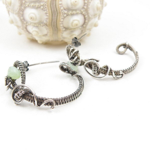 Hoops wire wrapped earrings , aqua blue chalcedony gemstone , wirework jewelry