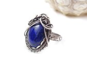 Silver wire wrapped ring, wire wrap gemstone ring , sterling metalwork ring , wirework fine jewelry , blue lapis ring , adjustable ring