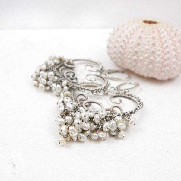 Bridal silver wire wrapped earrings , white pearls , wedding jewelry , birthstone jewelry , wirework earrings
