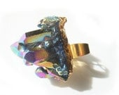 One of a Kind 24K Gold Dip Rainbow Titanium Crystal Ring