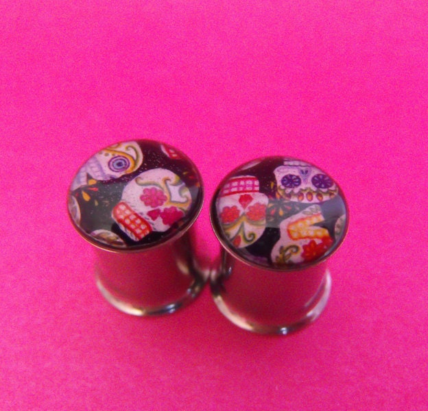 Sugar Skulls picture plugs gauges embedded resin filled - Made to Order 9/16, 5/8, 3/4, 7/8, 1"
