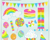 Girly Rainbow Party Cute Digital Clipart for Commercial or Personal Use, Rainbow Clipart, Rainbow Graphics Il_170x135
