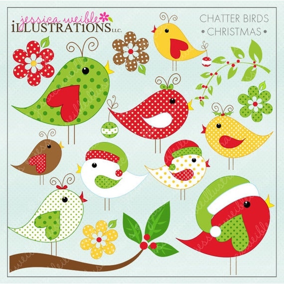 Christmas Chatter Birds Cute Digital Clipart for Card Design, Scrapbooking, and Web Design, Christmas Clipart Il_570xn