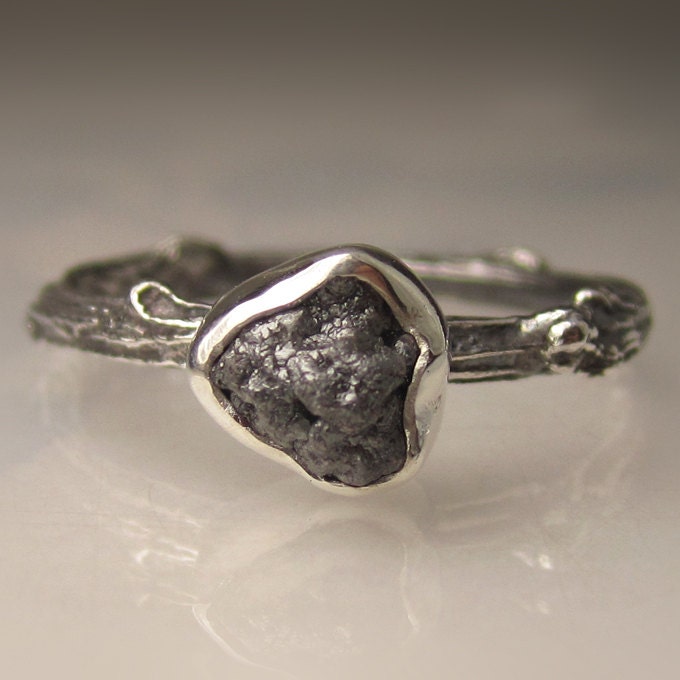 Rough Black Diamond Twig Ring in Sterling Silver, Engagement Ring