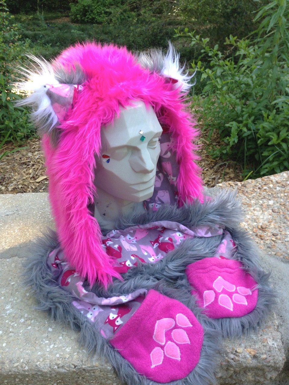 SALE /// FOX Fur Hood & Tail -- faux fur hat hood scarf PiNk GRey WhiTe // costume accessory warm cozy funky fun retro furry cosplay