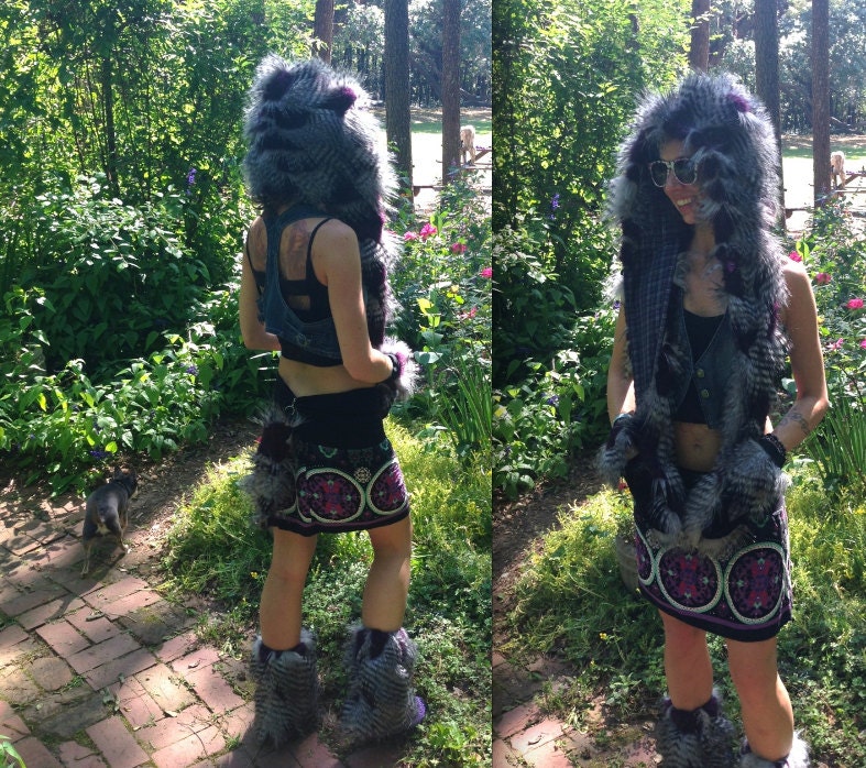 Great GREY OwL COSTUME 4 piece Set -- Purple // Grey // Black Feather faux Fur Hood, Tail, Cuffs, Booties adult unisex funky