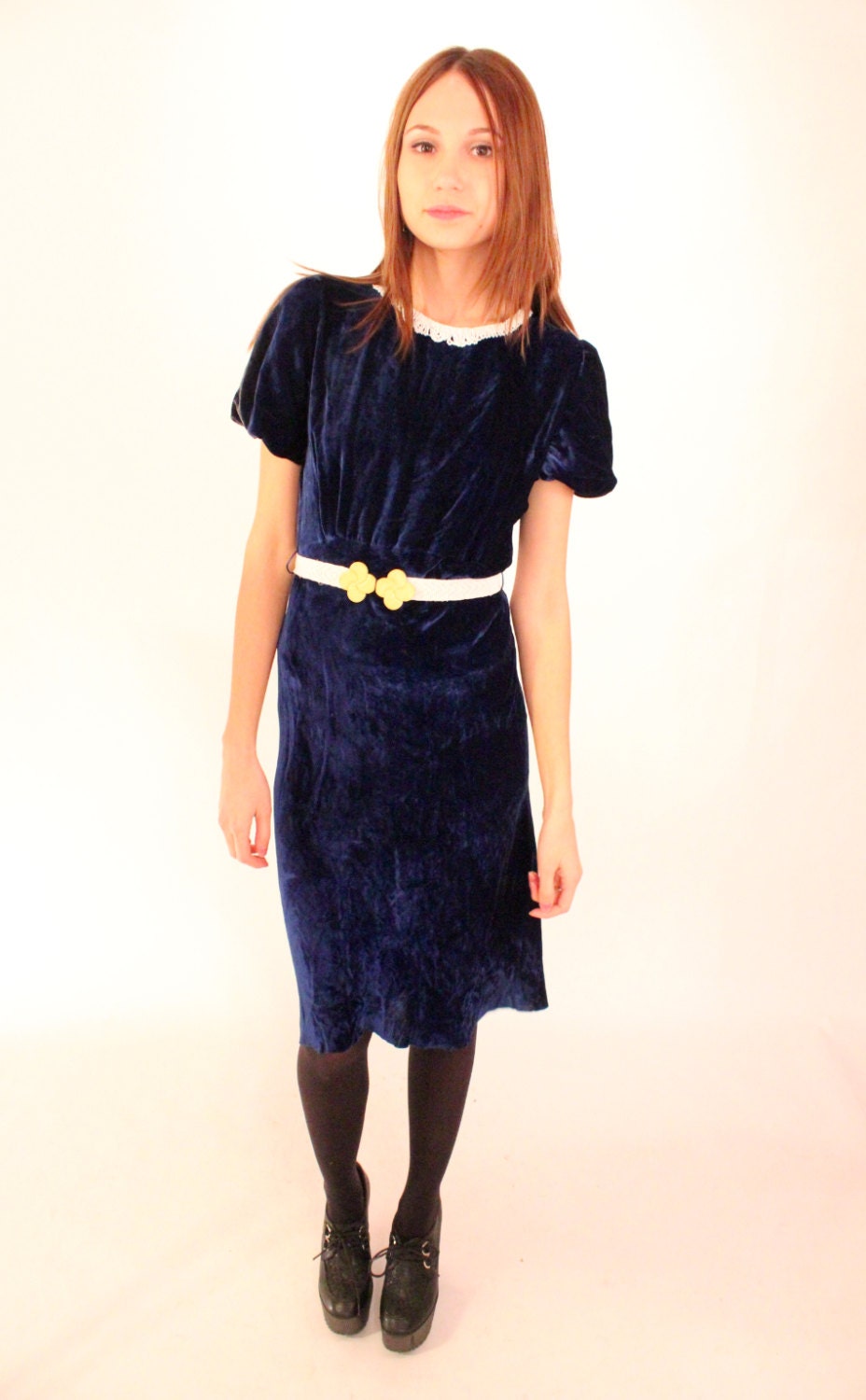RHODA Early 1900s Blue Velvet Antique Handmade Rare Beaded Belted Holiday Dress