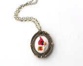 Little Mr. Cardinal- hand embroidered necklace, mint, bright red, bird