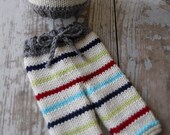 Newborn Knit Pants Hat Set, Baby Knitted Cap, Vintage Inspired Infant Photo Prop, Longies, Cream, Red, Blue, Green, Gray Striped Night Cap