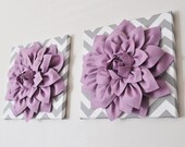 TWO Wall Flowers -Lilac Dahlia on Gray and White Chevron 12 x12" Canvas Wall Art- Baby Nursery Wall Decor-