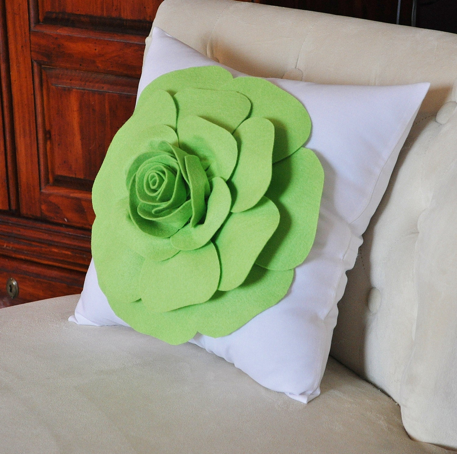 Chartreuse Green Throw Pillow Green Rose on White Accent Pillow