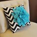 Light Turquoise Dahlia on Black and White Zigzag Pillow -Chevron Pillow- 16 x 16