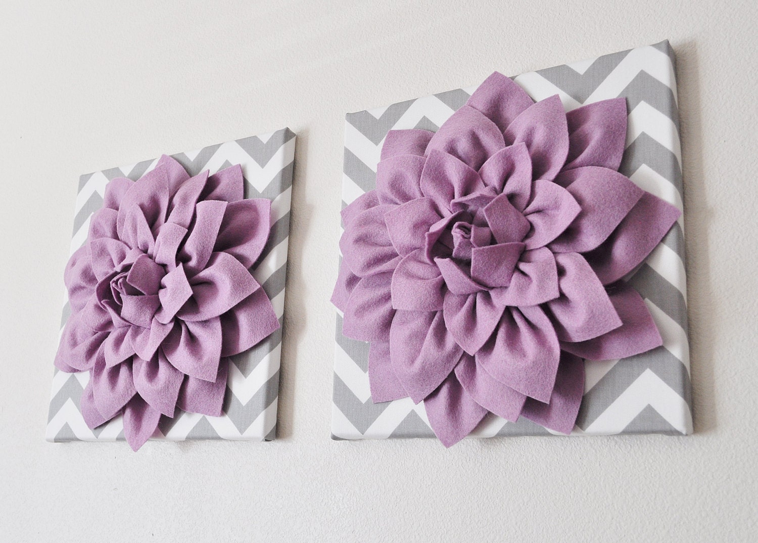 TWO Wall Flowers -Lilac Dahlia on Gray and White Chevron 12 x12" Canvas Wall Art- Baby Nursery Wall Decor-