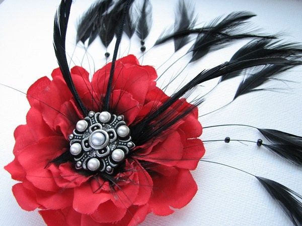 Red Flower Hair Clip Art Deco Large Flower Rose Fascinator