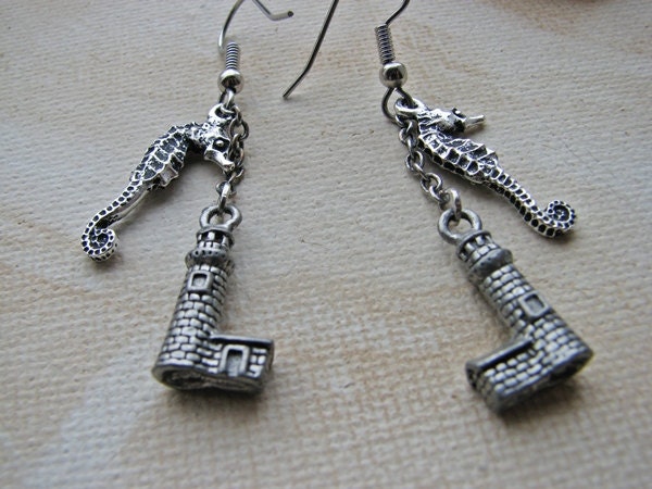 Small Silver Earrings Seahorse Lighthouse